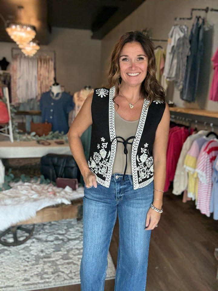 Black Embroidered Front Tie Vest