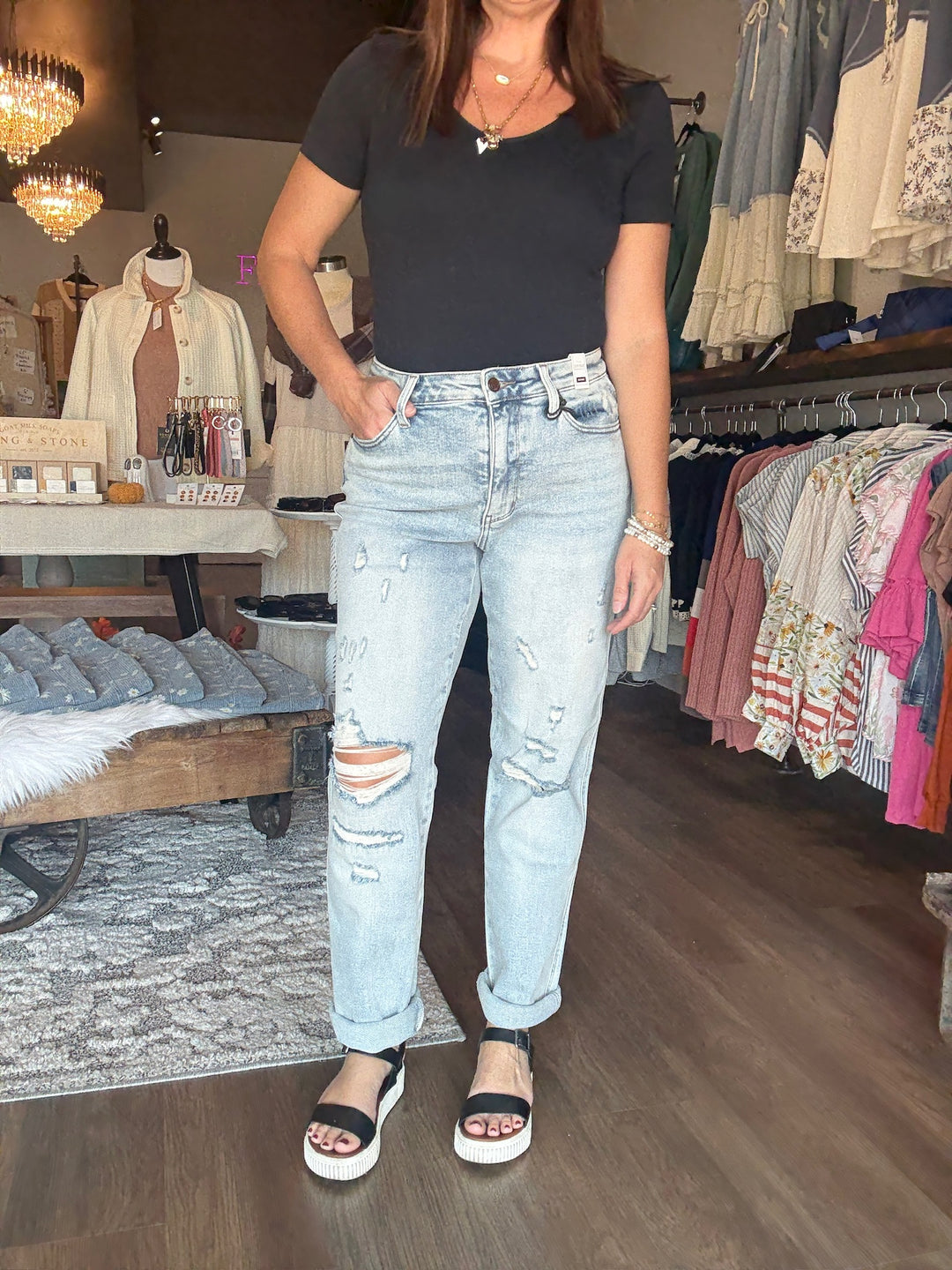 Judy Blue Mid Rise Boyfriend Distressed Jeans