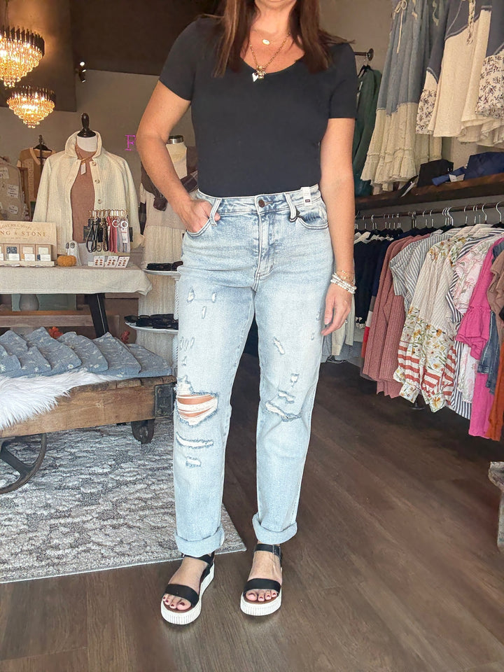 Judy Blue Mid Rise Boyfriend Distressed Jeans