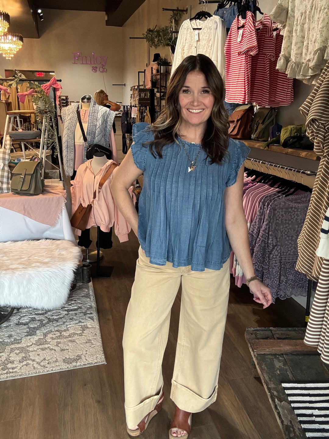 Denim Ruffle Sleeve Pleated Top