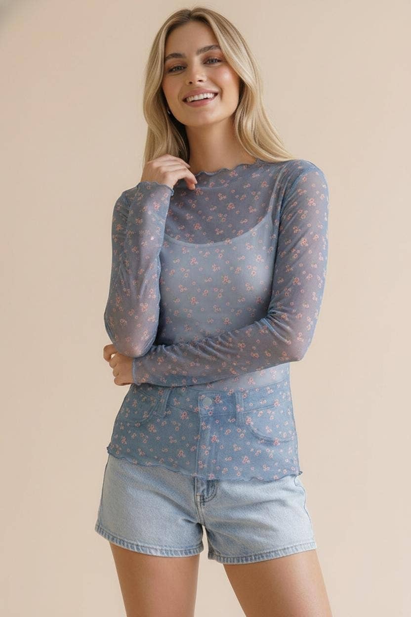 High Neck Floral Mesh Semi Sheer Top