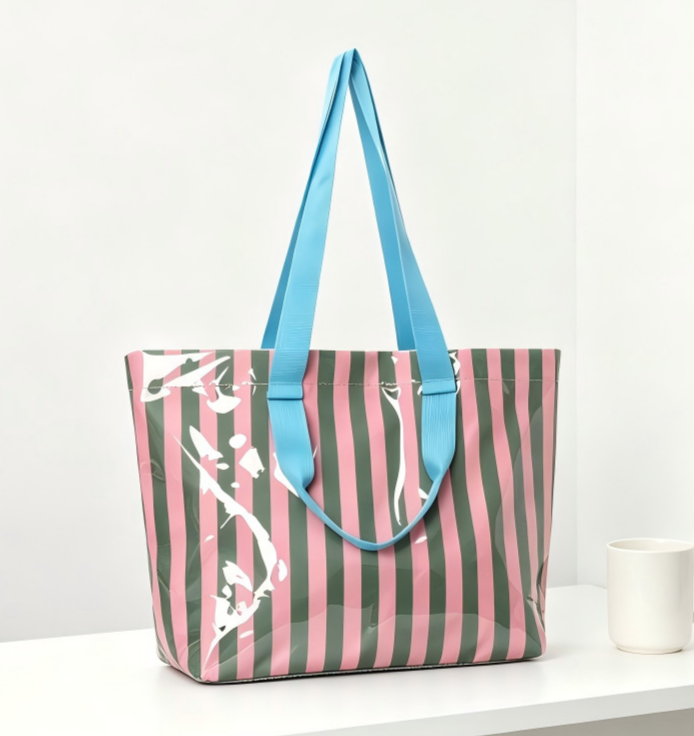 Color Block Striped Tote Bag Shoulder Waterproof Beach Bag
