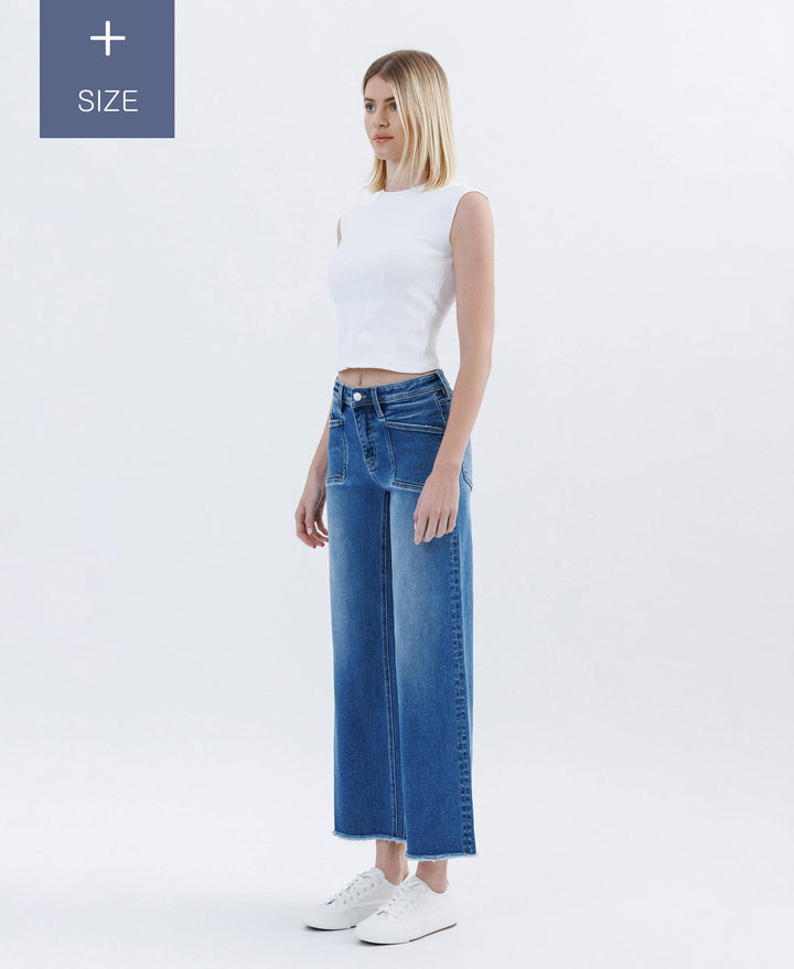PLUS SIZE HIGH RISE RAW HEM ANKLE WIDE LEG JEANS LV1683-P