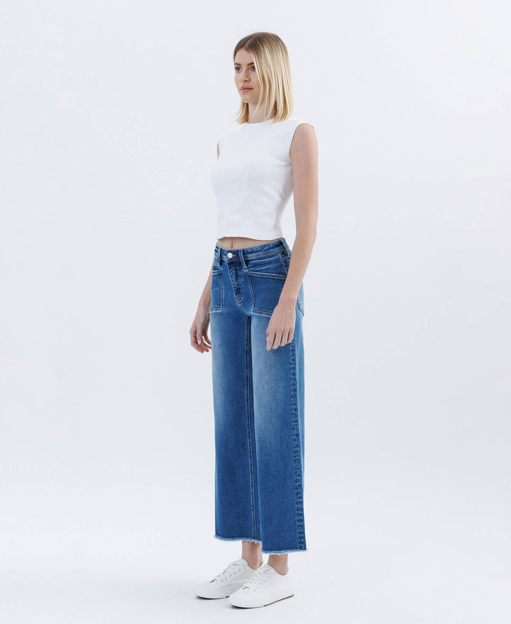 HIGH RISE RAW HEM ANKLE WIDE LEG JEANS LV1683