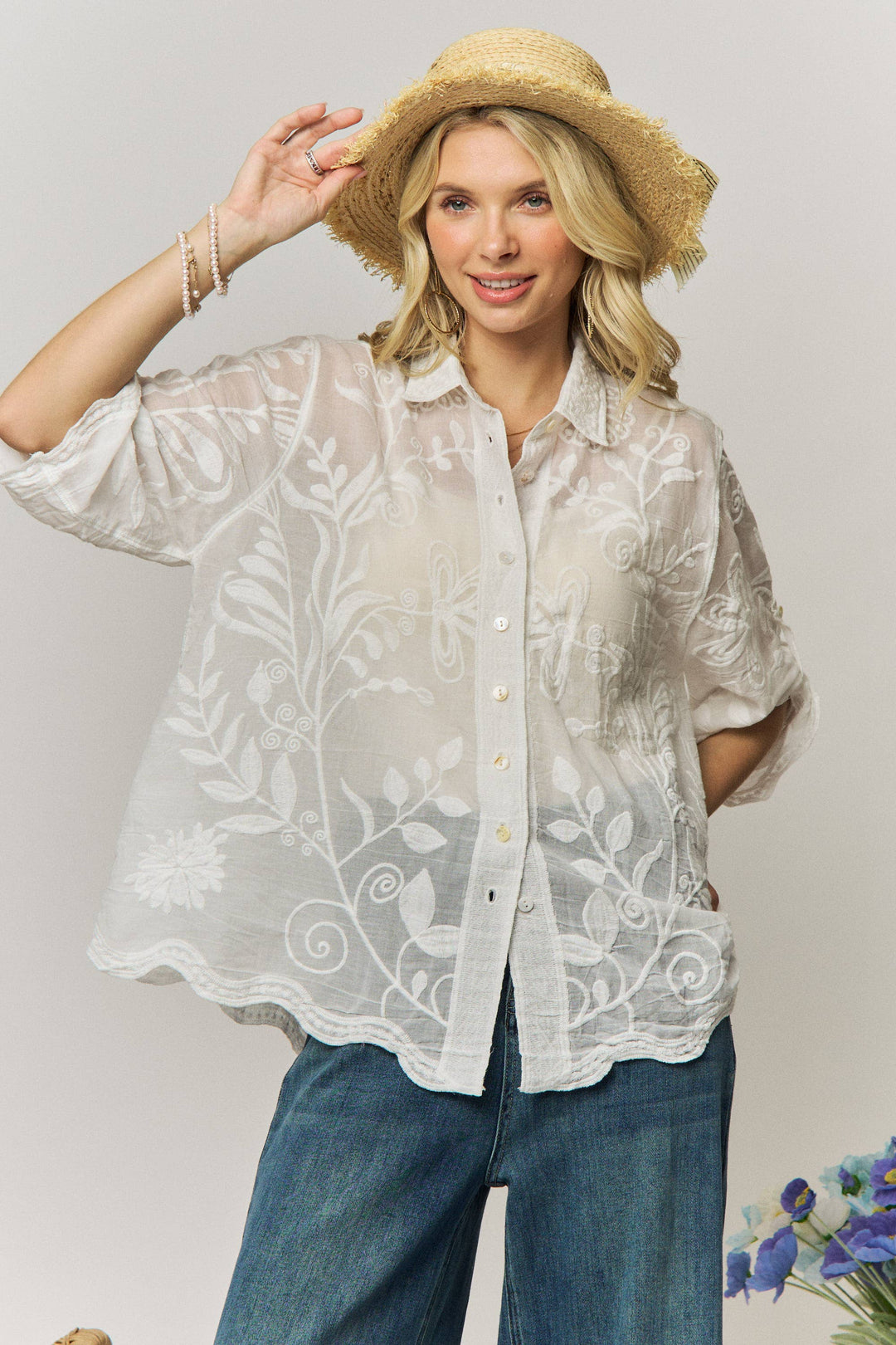 VINTAGE BOHO EMBROIDERED BUTTON-DOWN SHIRT - LET4283