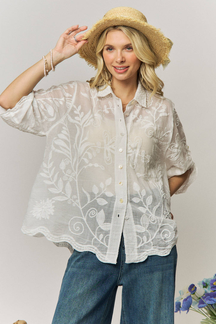 VINTAGE BOHO EMBROIDERED BUTTON-DOWN SHIRT - LET4283